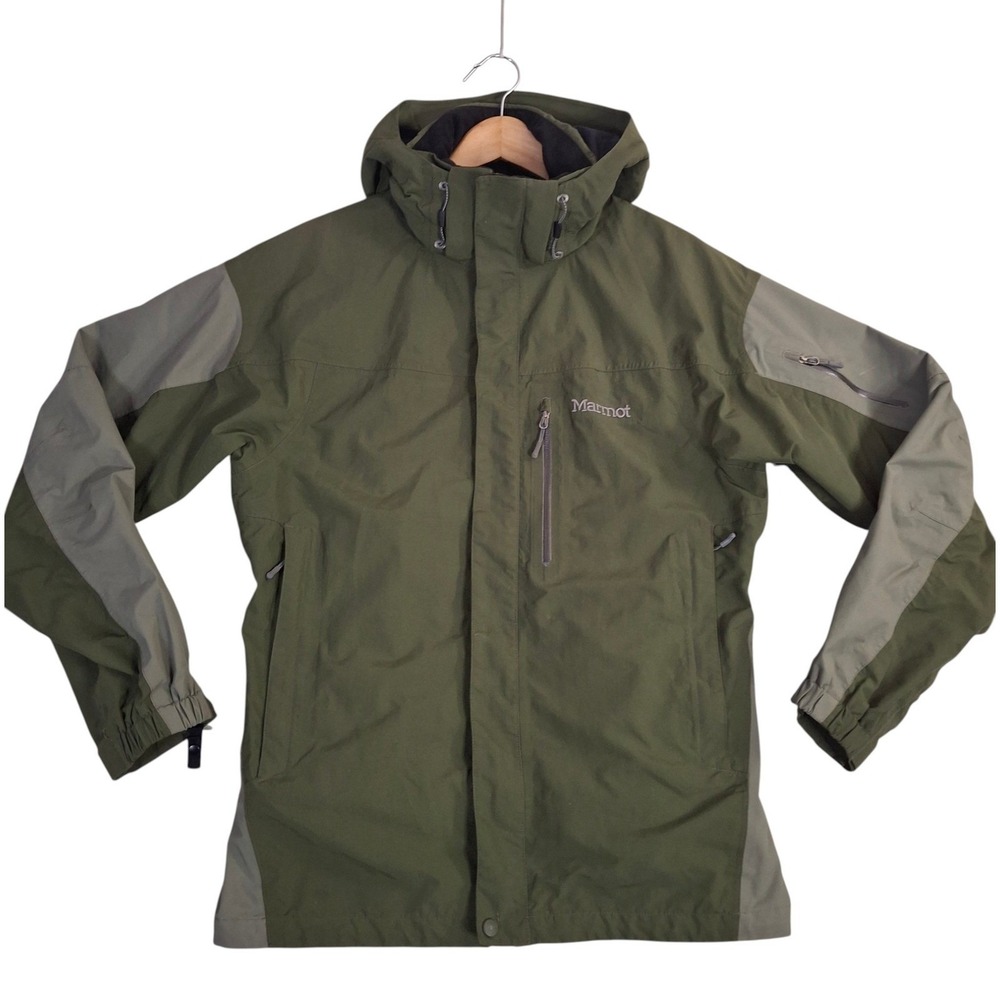 Marmot Mens Hooded Ski Jacket Olive Green Small Full Zip Powder Skirt Shell READ